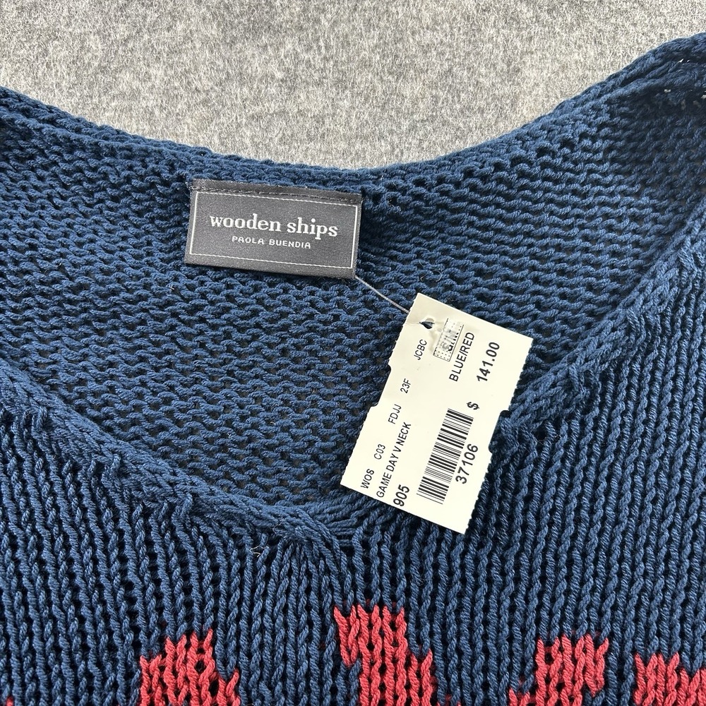 WOODEN SHIPS Sweater S/M Game Day V-Neck Cotton Knit Navy Blue Red Chile - Picture 3 of 7